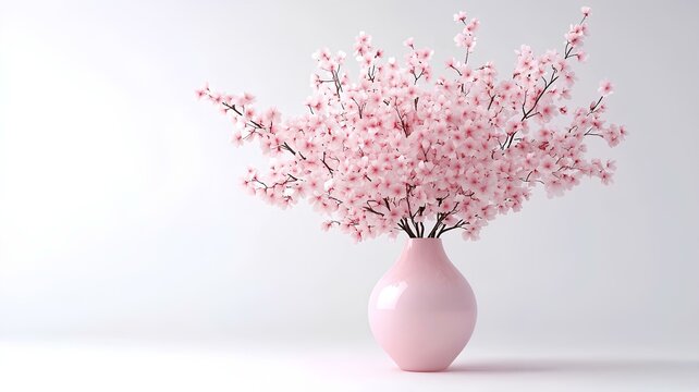 3d rendering pink vase with blooming sakura flowers on white background