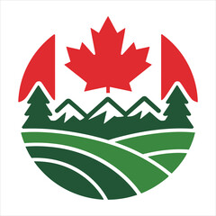 canadian landscape badge with maple leaf, mountains, and forest vector