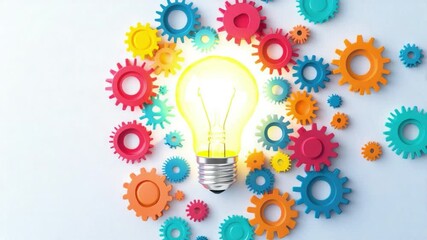 Poster - Colorful Gears Surrounding a Light Bulb Symbolizing Innovation and Creativity in Business Concepts and Ideas 4k video footage