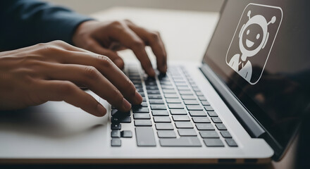 Poster - Person Using Laptop with AI Chatbot Interface on Screen