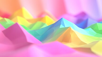 Poster - Pastel rainbow low-poly mountainscape; vibrant, abstract digital art