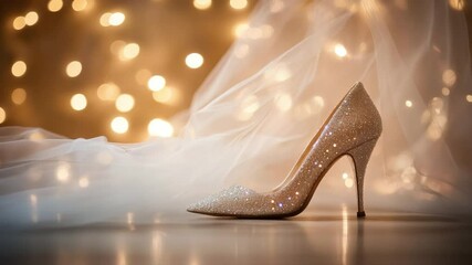 Poster - elegant high-heeled shoe adorned with shimmering crystals against a blurred golden bokeh background 