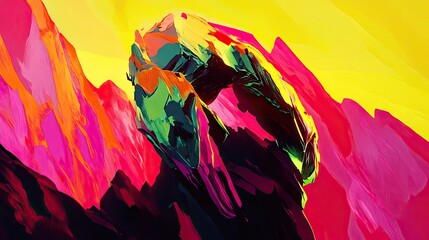 Poster - Vibrant abstract artwork featuring a dark, crystalline structure amidst bright, stylized mountains in shades of pink, yellow, and green