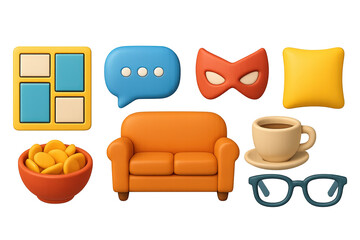 comic reading essentials. 3d icon set of comic-book reading: comic page, speech bubble, superhero ma