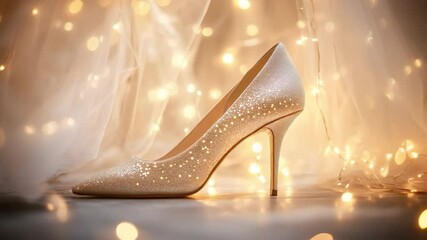 Poster - elegant white high heel shoe with sparkling embellishments set against soft bokeh lights for bridal 