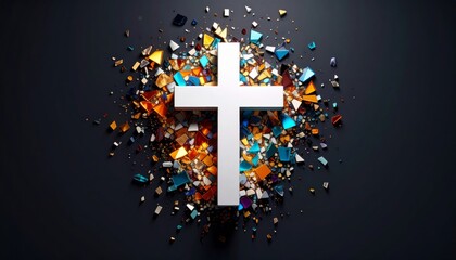 Aufkleber - Abstract Stained-Glass Cross, Fragments Exploding in a Flat Lay Design