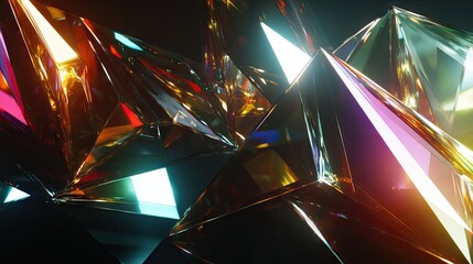 Poster - Iridescent glass pyramids, multifaceted, reflecting light, dark background