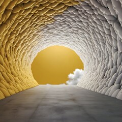 Poster - 3d render, abstract minimal yellow background with white clouds flying out the tunnel