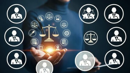 Poster - Person holding scales of justice with law and legal icons floating above their hand in dark studio