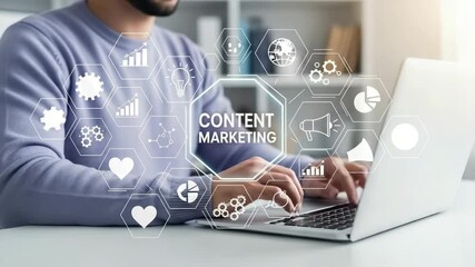 Poster - Person typing on laptop with content marketing graphic overlay and business related icons around it