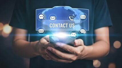 Poster - Person holding smartphone with contact us graphic overlay and communication icons displayed above it