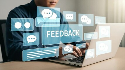 Poster - Person typing on laptop with feedback graphic overlays and speech bubble illustrations shown