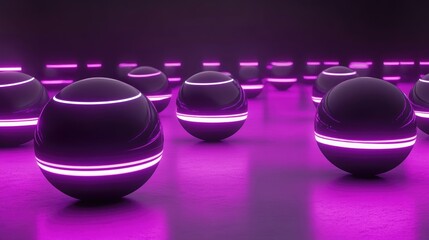 Poster - Glowing purple spheres in a dark, reflective space, illuminated by neon lines