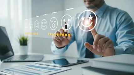 Poster - Man selecting smiling face icon on virtual interface with laptop and documents on desk in office