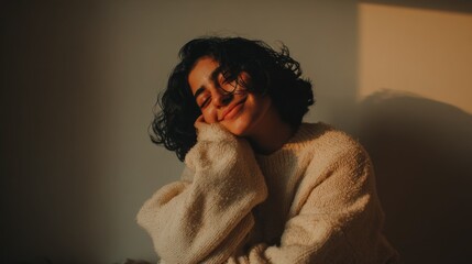 Aufkleber - Smiling young woman with curly hair enjoying warm light in cozy indoor setting during late afternoon