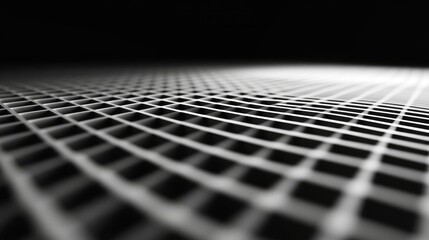 Poster - Abstract grayscale image of a warped grid pattern, creating a sense of depth and perspective
