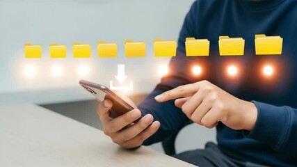 Poster - Person using smartphone with digital folders and download icon hovering above the device screen