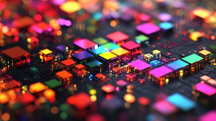 Poster - Vibrant, multicolored cubes form a complex, abstract digital circuit board pattern