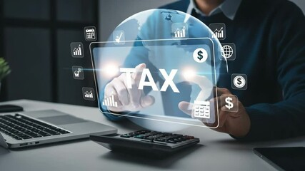 Poster - Person using tax application on digital screen with laptop and calculator on the desk surface