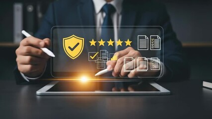 Poster - A person using a tablet with a stylus to interact with digital document and security icons
