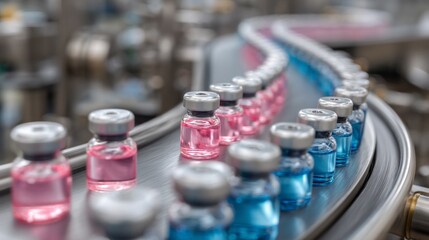 Poster - Vials of pink and blue liquid arrange carefully on a conveyor belt in a modern pharmaceutical facility