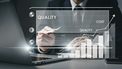 Poster - Businessman analyzing cost and quality growth chart on laptop screen in a dark office setting