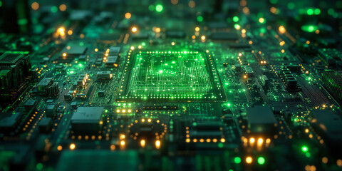 Poster - Close-up of electronic circuit board with glowing green microchip and illuminated components showcasing advanced technology and computer hardware design