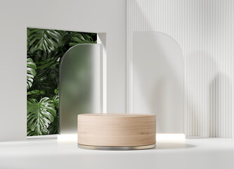 Poster - 3D rendering white and wood podium with tropical plant monstera product presentation background