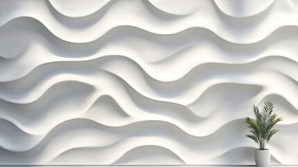 Poster - Modern white wavy wall texture design with plant for interior decor abstract background for wallpaper and interior design concept with white tones and soft shadows