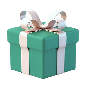 Teal gift box with beige ribbon bow isolated on transparent background