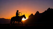 © Md - Cowboy on horseback silhouetted against a stunning sunset preparing to lasso with the rope