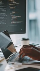 Dark-skinned hands typing quickly on a laptop, with visible code on a second monitor and a minimalist tech workspace, light background.