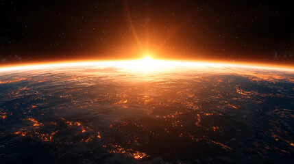 Wall Mural - The sun rises over the curved horizon of Earth, illuminating the planet from space with a golden glow.