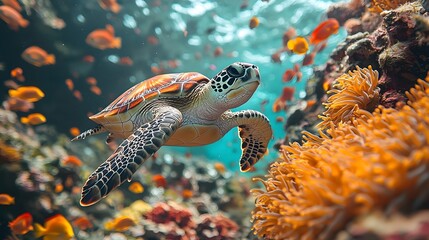 Wall Mural - Vibrant coral reef with a graceful sea turtle swimming through