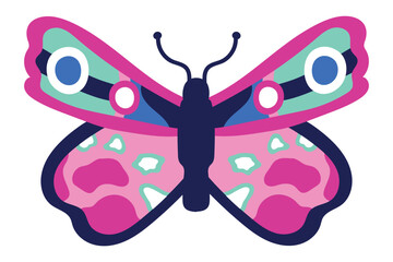Poster - Butterfly with big colorful wings and a pink body with white and fuchsia spots, showing a creative and artistic design with blue eyes and pink and light green decorations