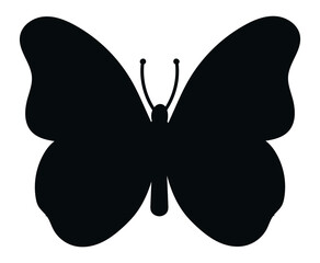 Poster - Simple black butterfly silhouette showcasing spread wings, isolated against a white background, representing nature, freedom, beauty, and the journey of transformation