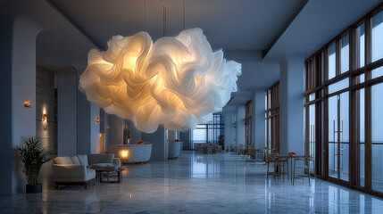 Poster - Sculptural chandelier of flowing white translucent forms, glowing warmly in a spacious, dimly lit interior with large windows