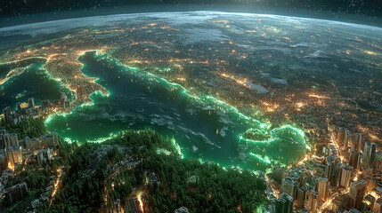 Poster - Glowing green waves of energy pulse through a futuristic cityscape at night, symbolizing digital power and innovation