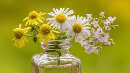 Aufkleber - Beautiful wildflowers in a glass vase resting on lush green background during a sunny day