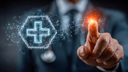 Poster - A doctor in a suit activates a glowing medical cross hologram, symbolizing futuristic healthcare technology