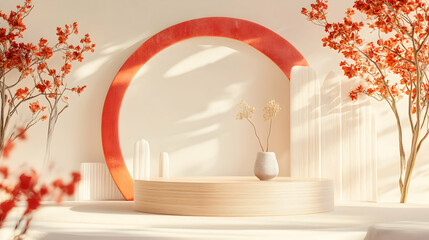 Poster - Abstract podium with red arch and autumn blossom for product showcase backdrop