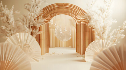 Poster - Elegant wooden archway with white paper fans and delicate floral accents backdrop
