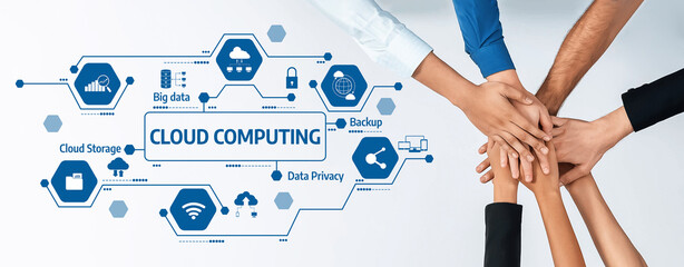 Fototapete - A visual representation of collaboration in cloud computing, featuring diverse hands and icons that highlight data storage, privacy, backup, and digital connectivity in a modern environment. Amity