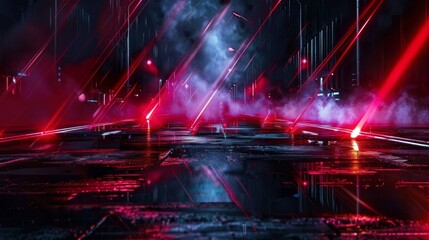 Poster - Wet asphalt at night with red neon light reflections