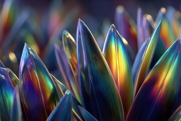 Fototapete - Abstract iridescent plant with colorful reflections, a futuristic display of vibrant hues and dynamic light play, creating a captivating and modern design element.