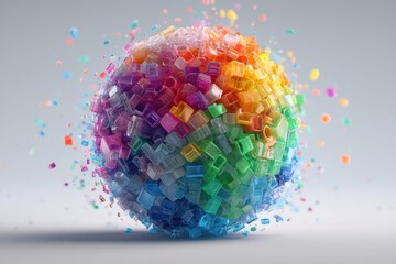 Aufkleber - A sphere composed of colorful, transparent cubes, creating a vibrant and dynamic abstract design against a bright backdrop, showcasing a playful and modern aesthetic.