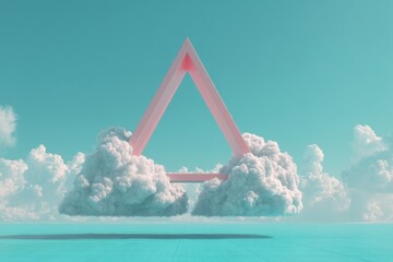 Aufkleber - A surreal scene with a pink triangle emerging from fluffy clouds against a turquoise sky, creating a dreamy and ethereal atmosphere with geometric shapes.