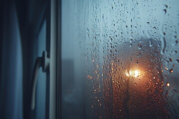 Poster - Raindrops on a window pane, reflecting the city lights at dusk, creating a blurry, atmospheric scene viewed from indoors on a moody evening.