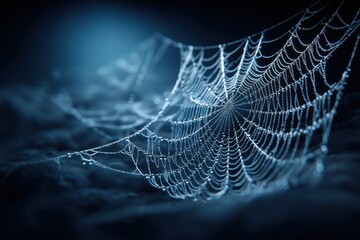 Poster - A detailed macro photograph of a spiderweb covered in water droplets, showcasing the intricate structure and beauty of nature with a monochromatic blue tone.