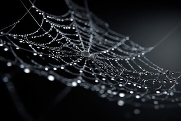 Poster - Close-up shot capturing the intricate details of a spiderweb adorned with glistening water droplets against a dark background, showcasing nature's delicate art.